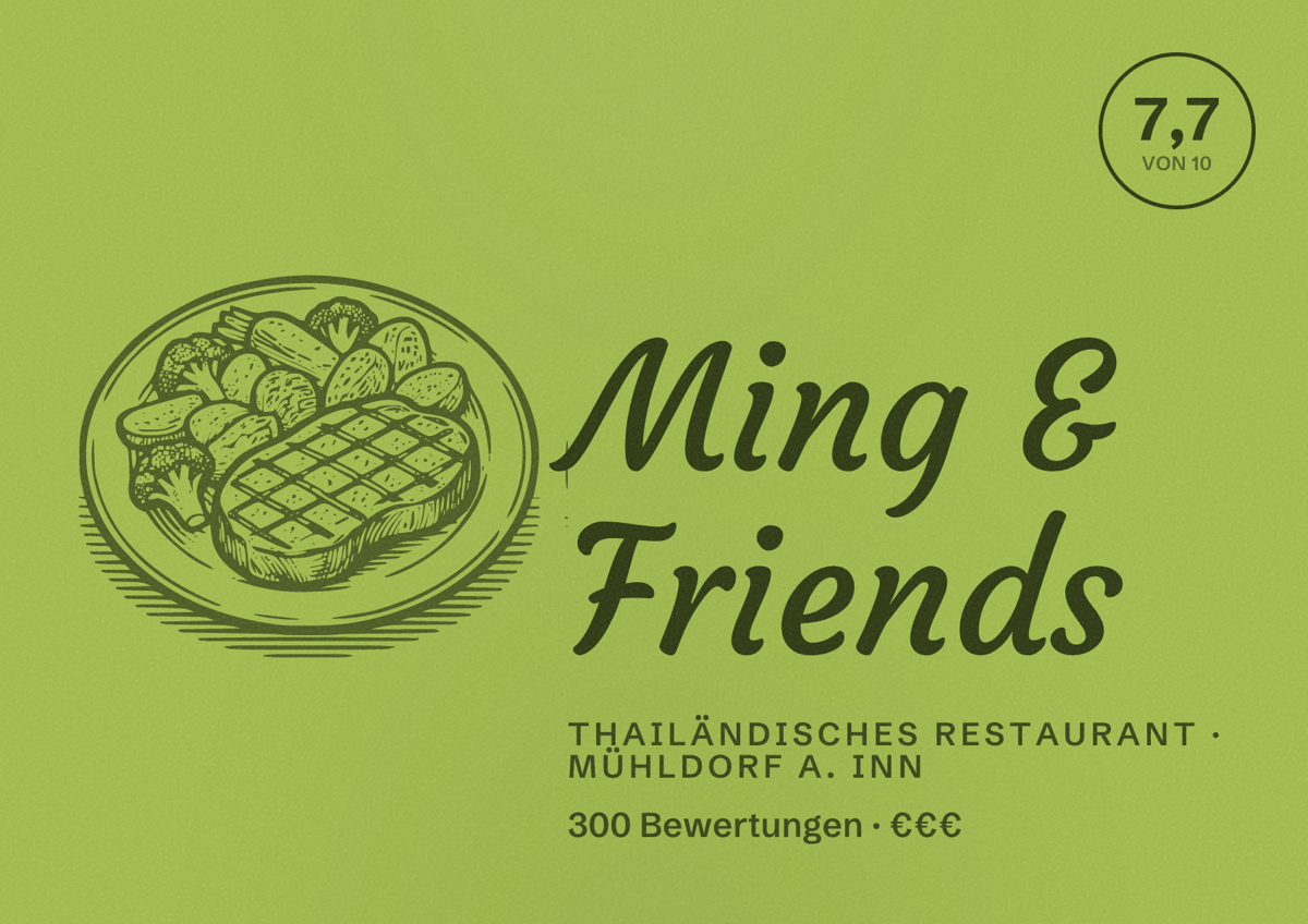 Illustriertes Poster von Ming & Friends, Thailändisches Restaurant in Mühldorf a. Inn: Bewertung 7,7 von 10 aus 300 Bewertungen, Preisniveau €€€