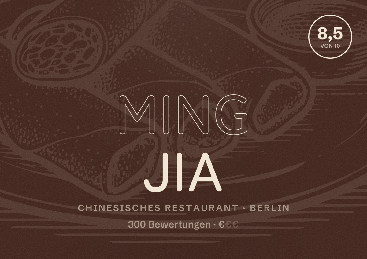 Illustriertes Poster von Ming Jia, Chinesisches Restaurant in Berlin: Bewertung 8,5 von 10 aus 300 Bewertungen, Preisniveau €