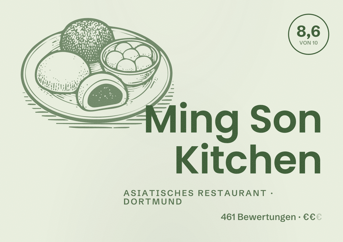 Illustriertes Poster von Ming Son Kitchen, Asiatisches Restaurant in Dortmund: Bewertung 8,6 von 10 aus 461 Bewertungen, Preisniveau €€