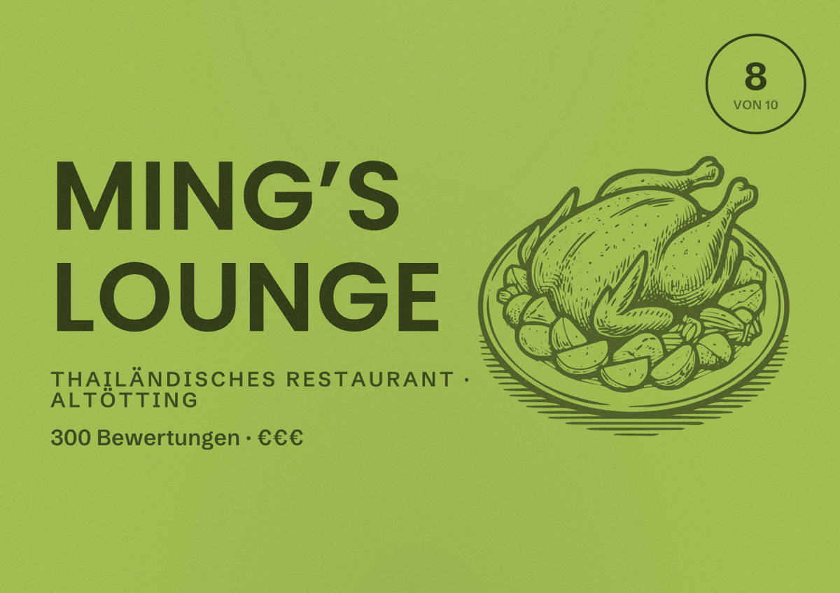Illustriertes Poster von Ming’s Lounge, Thailändisches Restaurant in Altötting: Bewertung 8 von 10 aus 300 Bewertungen, Preisniveau €€€