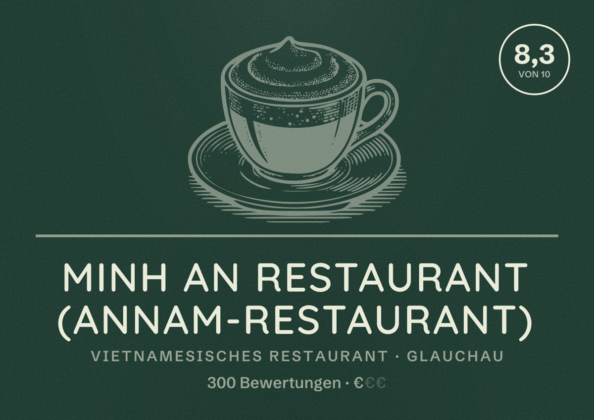 Illustriertes Poster von Minh An Restaurant (Annam-Restaurant), Vietnamesisches Restaurant in Glauchau: Bewertung 8,3 von 10 aus 300 Bewertungen, Preisniveau €