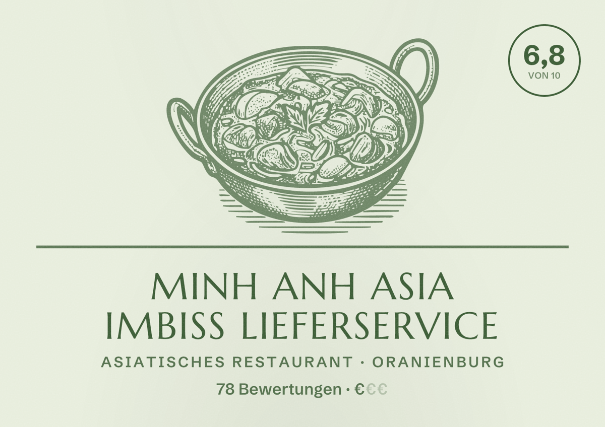 Illustriertes Poster von Minh Anh Asia Imbiss Lieferservice, Asiatisches Restaurant in Oranienburg: Bewertung 6,8 von 10 aus 78 Bewertungen, Preisniveau €