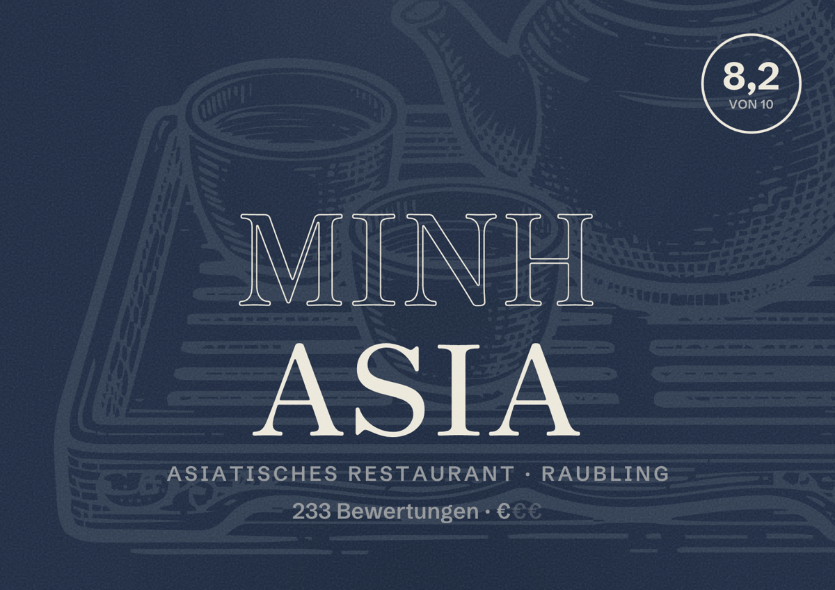 Illustriertes Poster von Minh Asia, Asiatisches Restaurant in Raubling: Bewertung 8,2 von 10 aus 233 Bewertungen, Preisniveau €