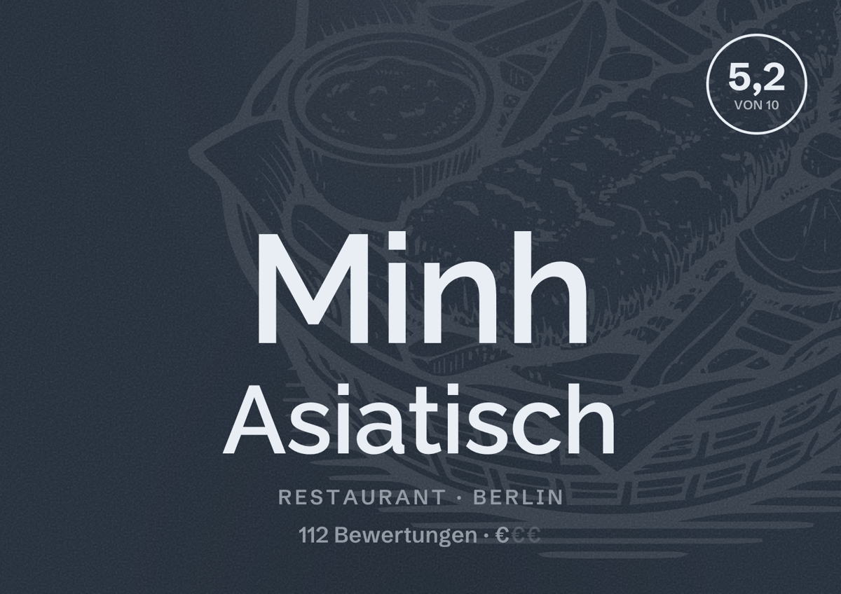 Illustriertes Poster von Minh Asiatisch, Restaurant in Berlin: Bewertung 5,2 von 10 aus 112 Bewertungen, Preisniveau €