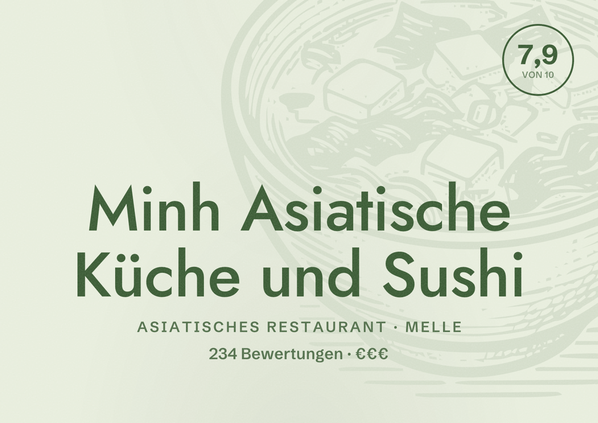 Illustriertes Poster von Minh Asiatische Küche und Sushi, Asiatisches Restaurant in Melle: Bewertung 7,9 von 10 aus 234 Bewertungen, Preisniveau €€€