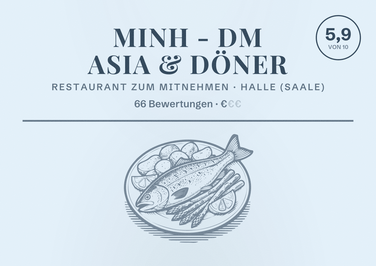 Illustriertes Poster von Minh - DM Asia & Döner, Restaurant zum Mitnehmen in Halle (Saale): Bewertung 5,9 von 10 aus 66 Bewertungen, Preisniveau €