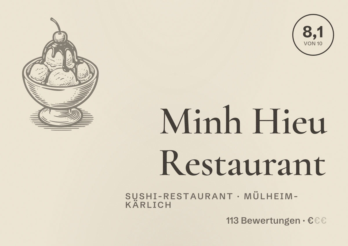 Illustriertes Poster von Minh Hieu Restaurant, Sushi-Restaurant in Mülheim-Kärlich: Bewertung 8,1 von 10 aus 113 Bewertungen, Preisniveau €