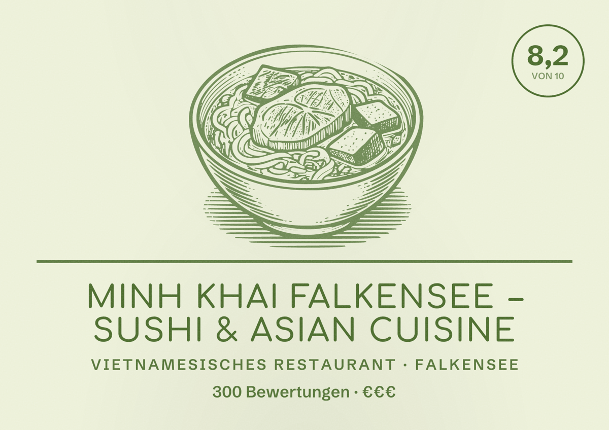 Illustriertes Poster von Minh Khai Falkensee – Sushi & Asian Cuisine, Vietnamesisches Restaurant in Falkensee: Bewertung 8,2 von 10 aus 300 Bewertungen, Preisniveau €€€