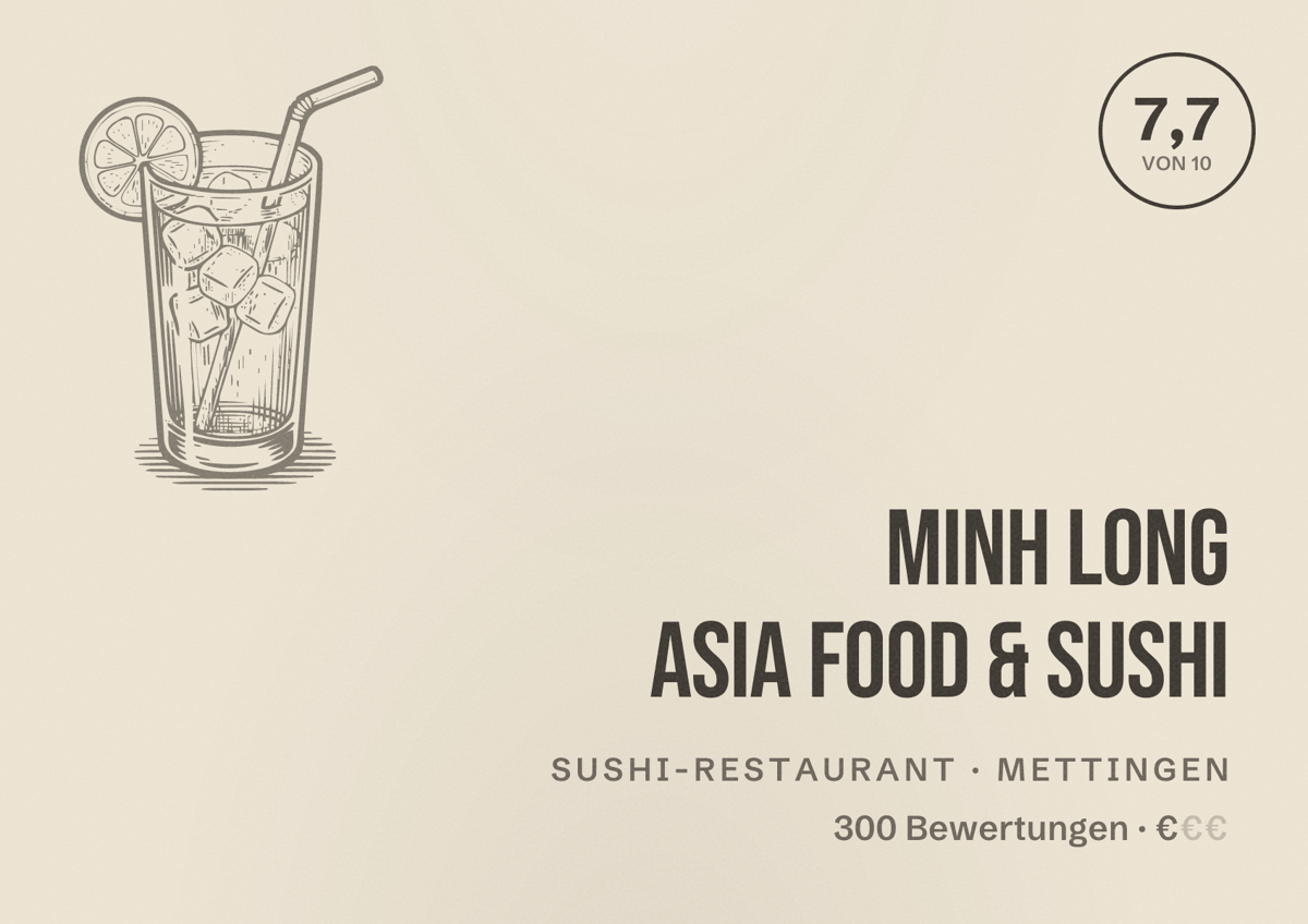 Illustriertes Poster von MINH LONG Asia Food & Sushi, Sushi-Restaurant in Mettingen: Bewertung 7,7 von 10 aus 300 Bewertungen, Preisniveau €