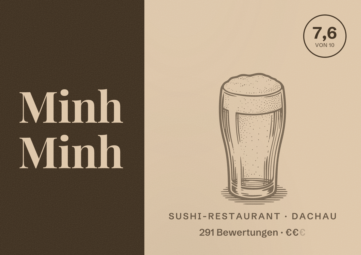 Illustriertes Poster von Minh Minh, Sushi-Restaurant in Dachau: Bewertung 7,6 von 10 aus 291 Bewertungen, Preisniveau €€