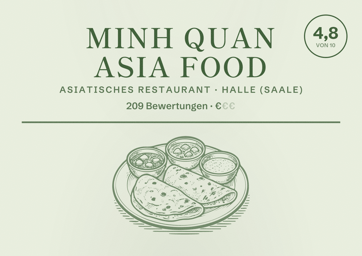 Illustriertes Poster von Minh Quan Asia Food, Asiatisches Restaurant in Halle (Saale): Bewertung 4,8 von 10 aus 209 Bewertungen, Preisniveau €