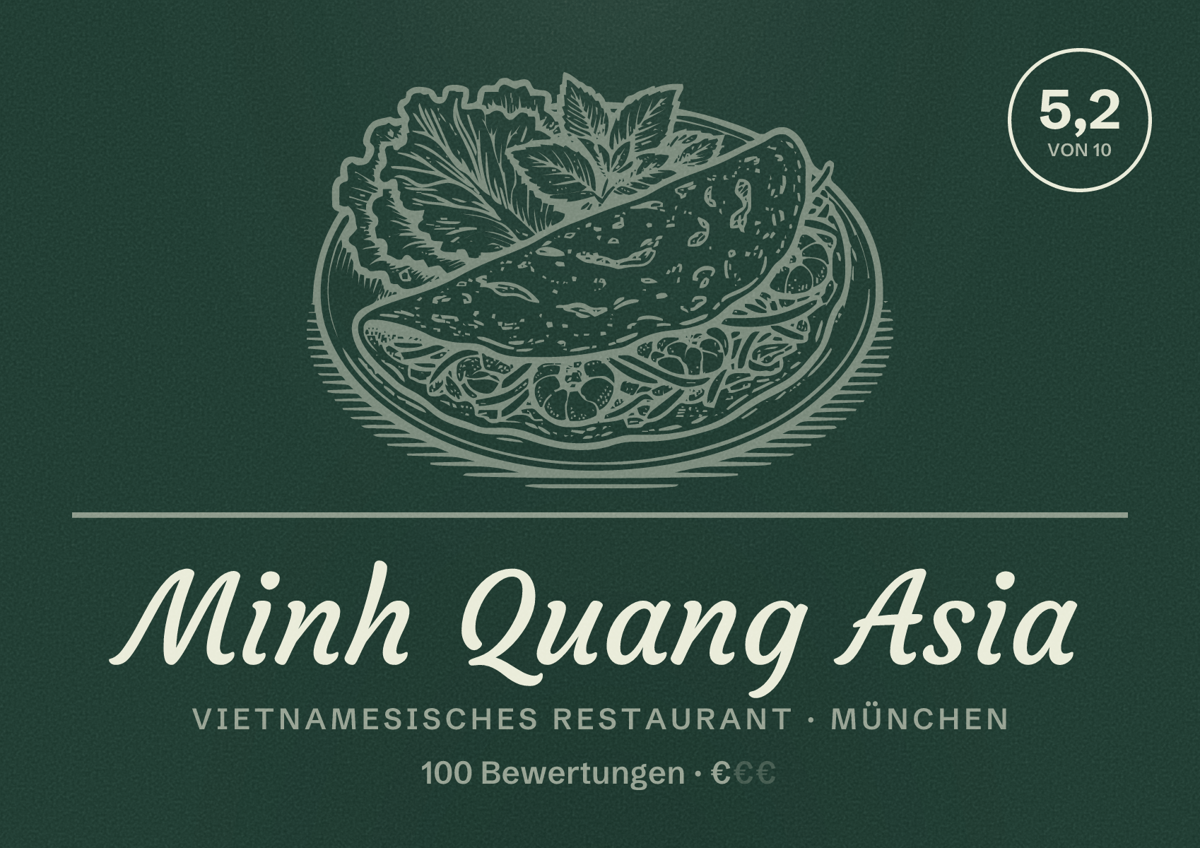Illustriertes Poster von Minh Quang Asia, Vietnamesisches Restaurant in München: Bewertung 5,2 von 10 aus 100 Bewertungen, Preisniveau €