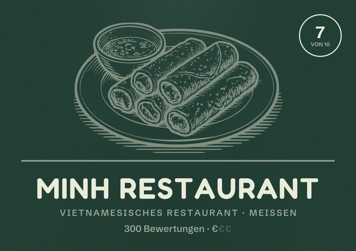 Illustriertes Poster von Minh Restaurant, Vietnamesisches Restaurant in Meißen: Bewertung 7 von 10 aus 300 Bewertungen, Preisniveau €