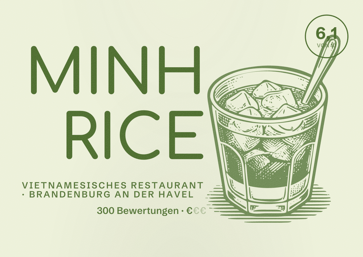 Illustriertes Poster von MINH RICE, Vietnamesisches Restaurant in Brandenburg an der Havel: Bewertung 6,1 von 10 aus 300 Bewertungen, Preisniveau €