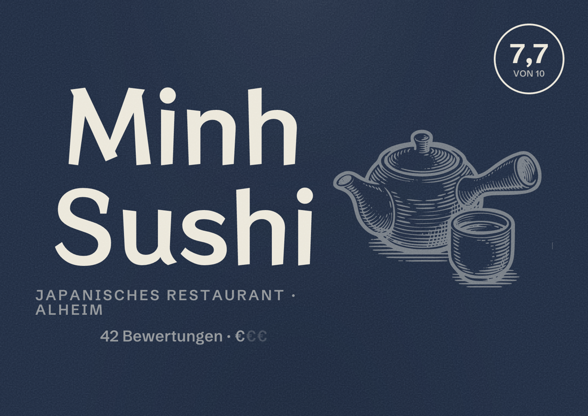 Illustriertes Poster von Minh Sushi, Japanisches Restaurant in Alheim: Bewertung 7,7 von 10 aus 42 Bewertungen, Preisniveau €
