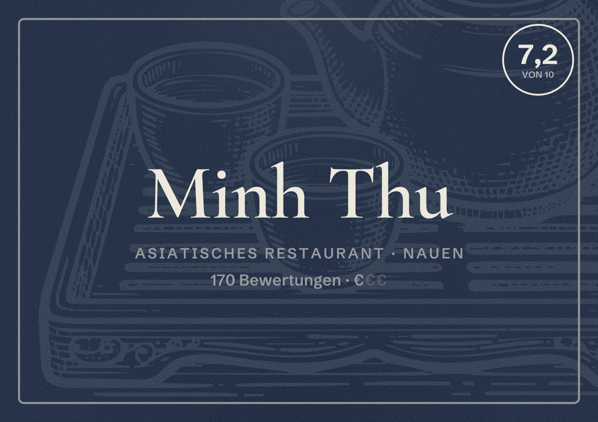 Illustriertes Poster von Minh Thu, Asiatisches Restaurant in Nauen: Bewertung 7,2 von 10 aus 170 Bewertungen, Preisniveau €