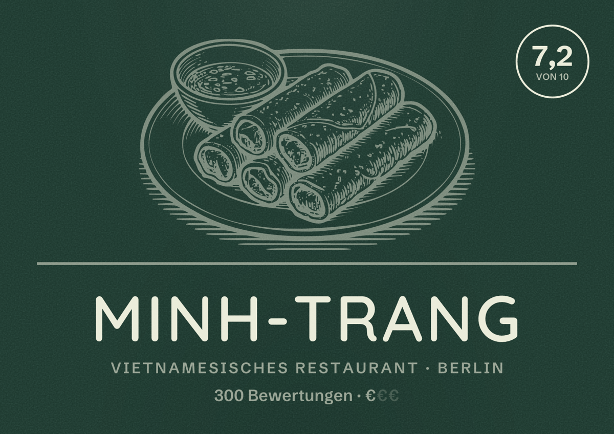 Illustriertes Poster von Minh-Trang, Vietnamesisches Restaurant in Berlin: Bewertung 7,2 von 10 aus 300 Bewertungen, Preisniveau €