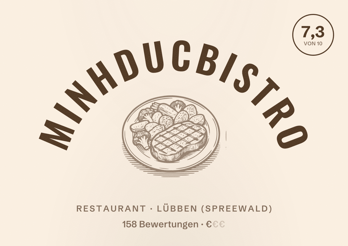 Illustriertes Poster von MinhDucBistro, Restaurant in Lübben (Spreewald): Bewertung 7,3 von 10 aus 158 Bewertungen, Preisniveau €