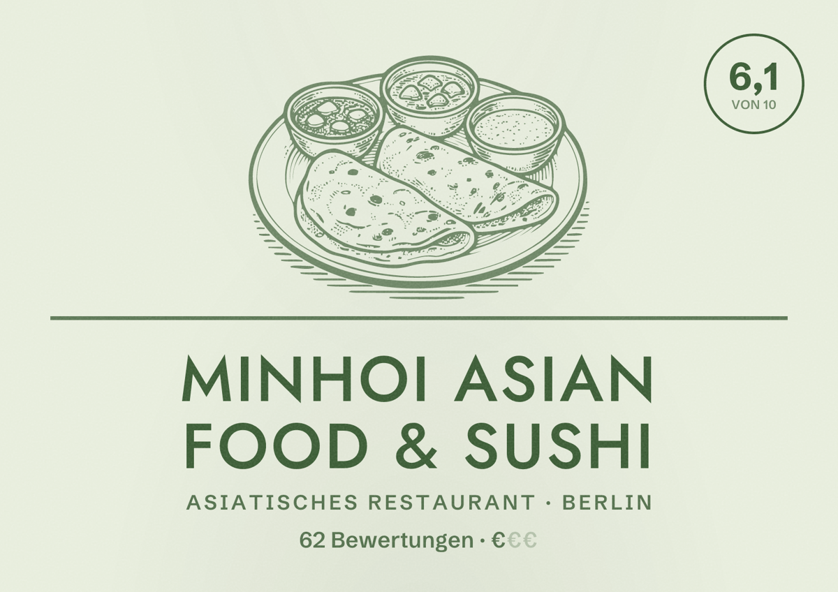 Illustriertes Poster von Minhoi Asian Food & Sushi, Asiatisches Restaurant in Berlin: Bewertung 6,1 von 10 aus 62 Bewertungen, Preisniveau €