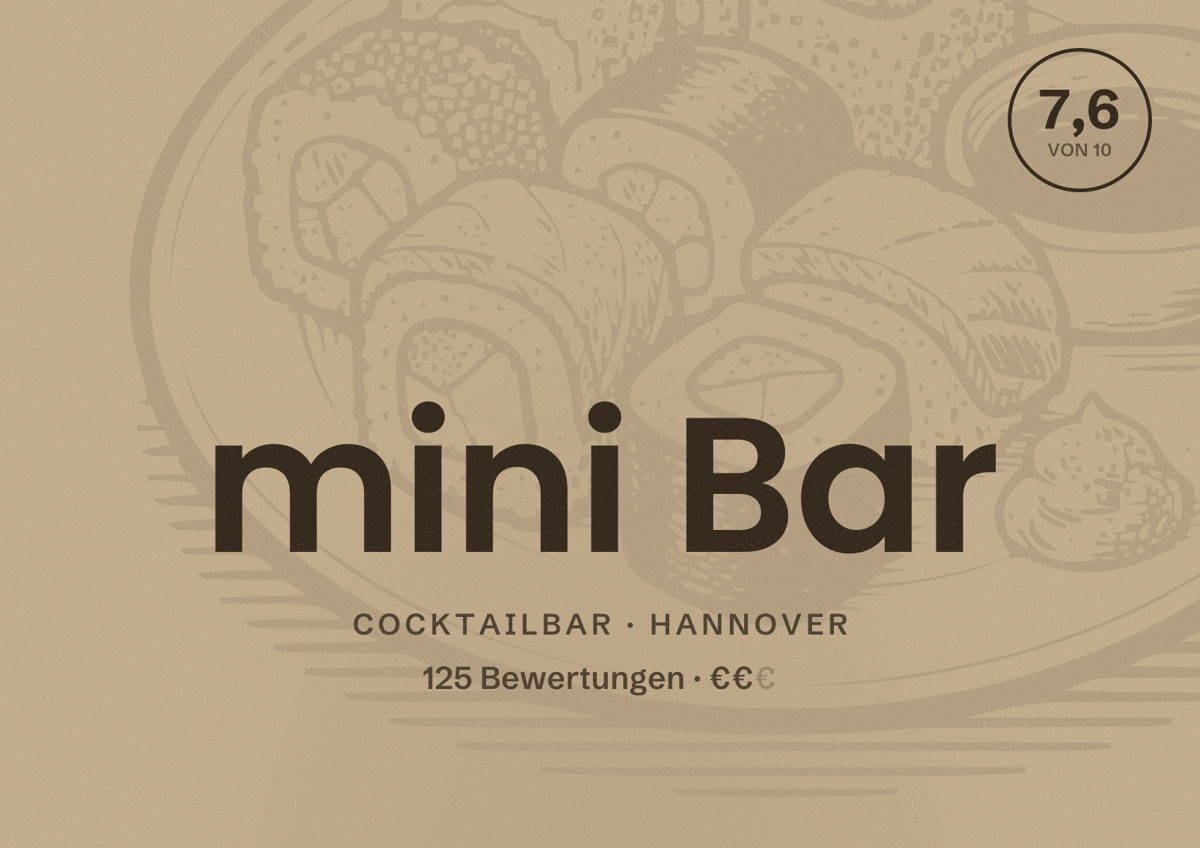Illustriertes Poster von mini Bar, Cocktailbar in Hannover: Bewertung 7,6 von 10 aus 125 Bewertungen, Preisniveau €€