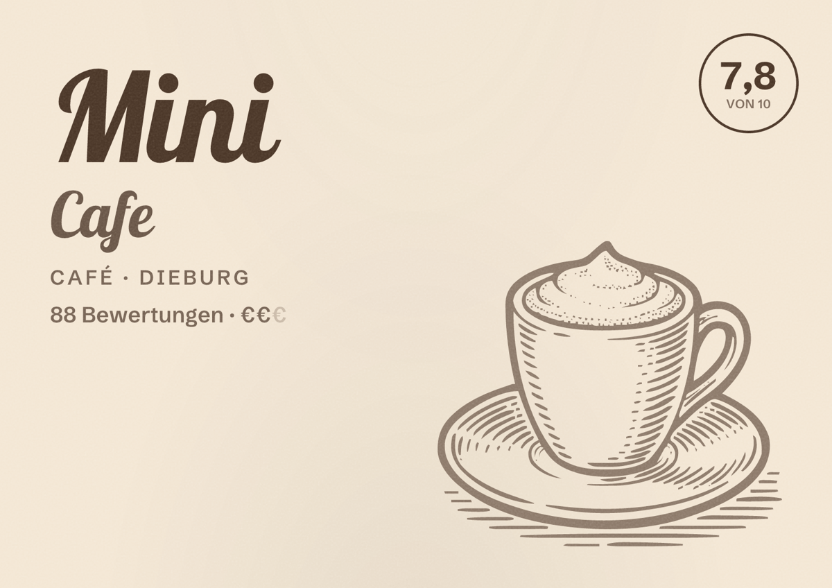 Illustriertes Poster von Mini Cafe, Café in Dieburg: Bewertung 7,8 von 10 aus 88 Bewertungen, Preisniveau €€