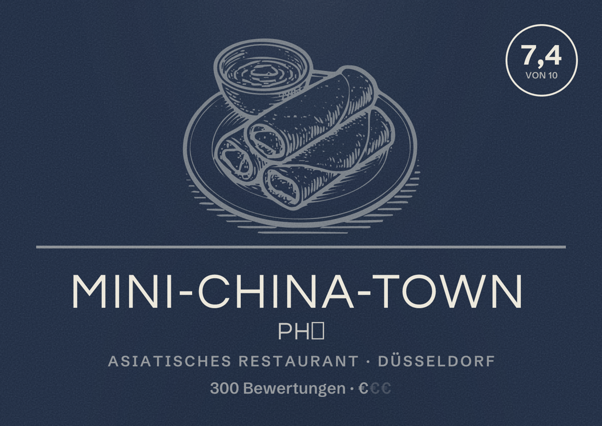 Illustriertes Poster von Mini-China-Town Phở, Asiatisches Restaurant in Düsseldorf: Bewertung 7,4 von 10 aus 300 Bewertungen, Preisniveau €