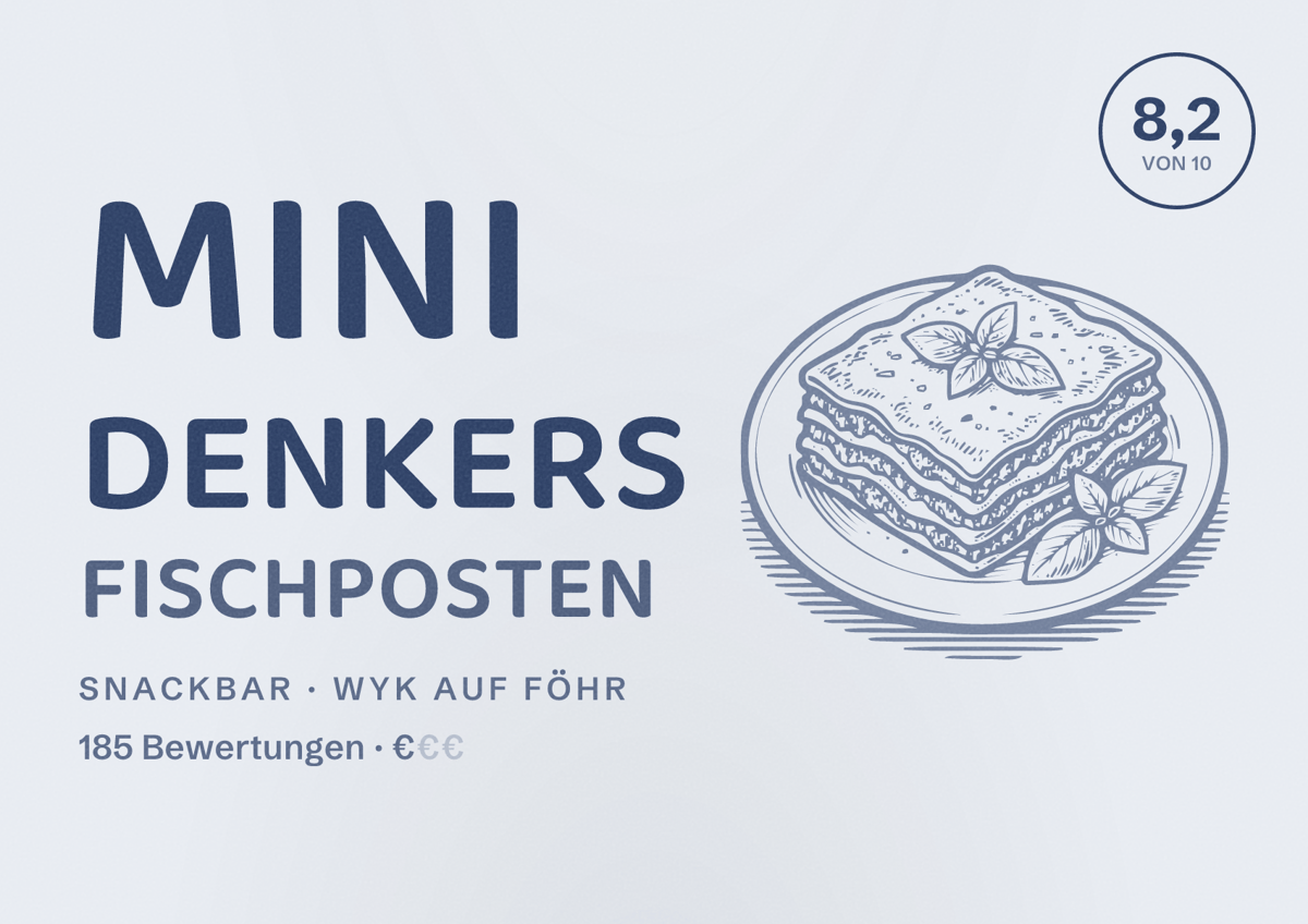 Illustriertes Poster von Mini Denkers Fischposten, Snackbar in Wyk auf Föhr: Bewertung 8,2 von 10 aus 185 Bewertungen, Preisniveau €