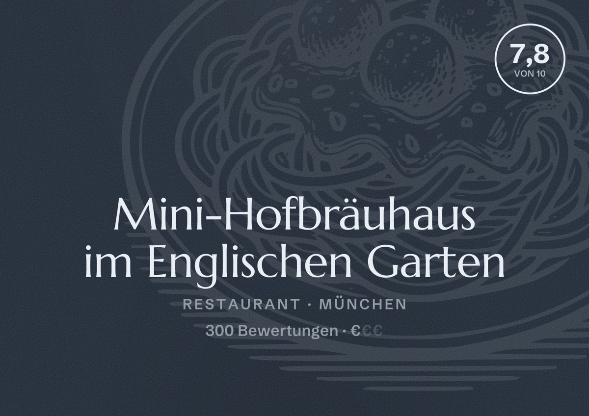 Illustriertes Poster von Mini-Hofbräuhaus im Englischen Garten, Restaurant in München: Bewertung 7,8 von 10 aus 300 Bewertungen, Preisniveau €