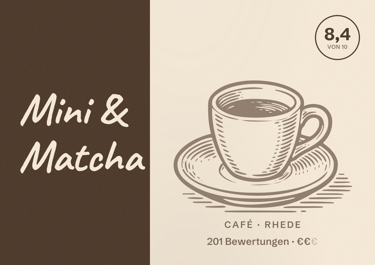Illustriertes Poster von Mini & Matcha, Café in Rhede: Bewertung 8,4 von 10 aus 201 Bewertungen, Preisniveau €€