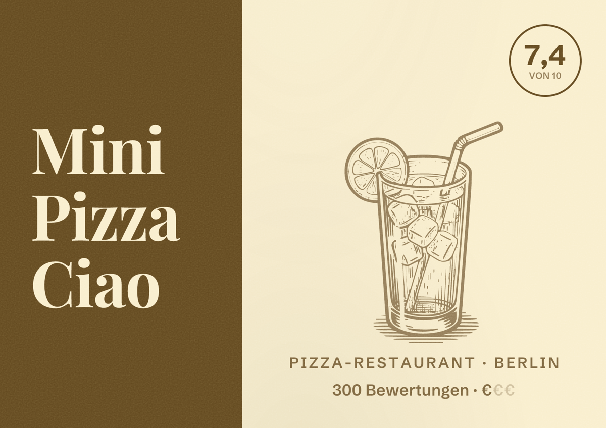 Illustriertes Poster von Mini Pizza Ciao, Pizza-Restaurant in Berlin: Bewertung 7,4 von 10 aus 300 Bewertungen, Preisniveau €