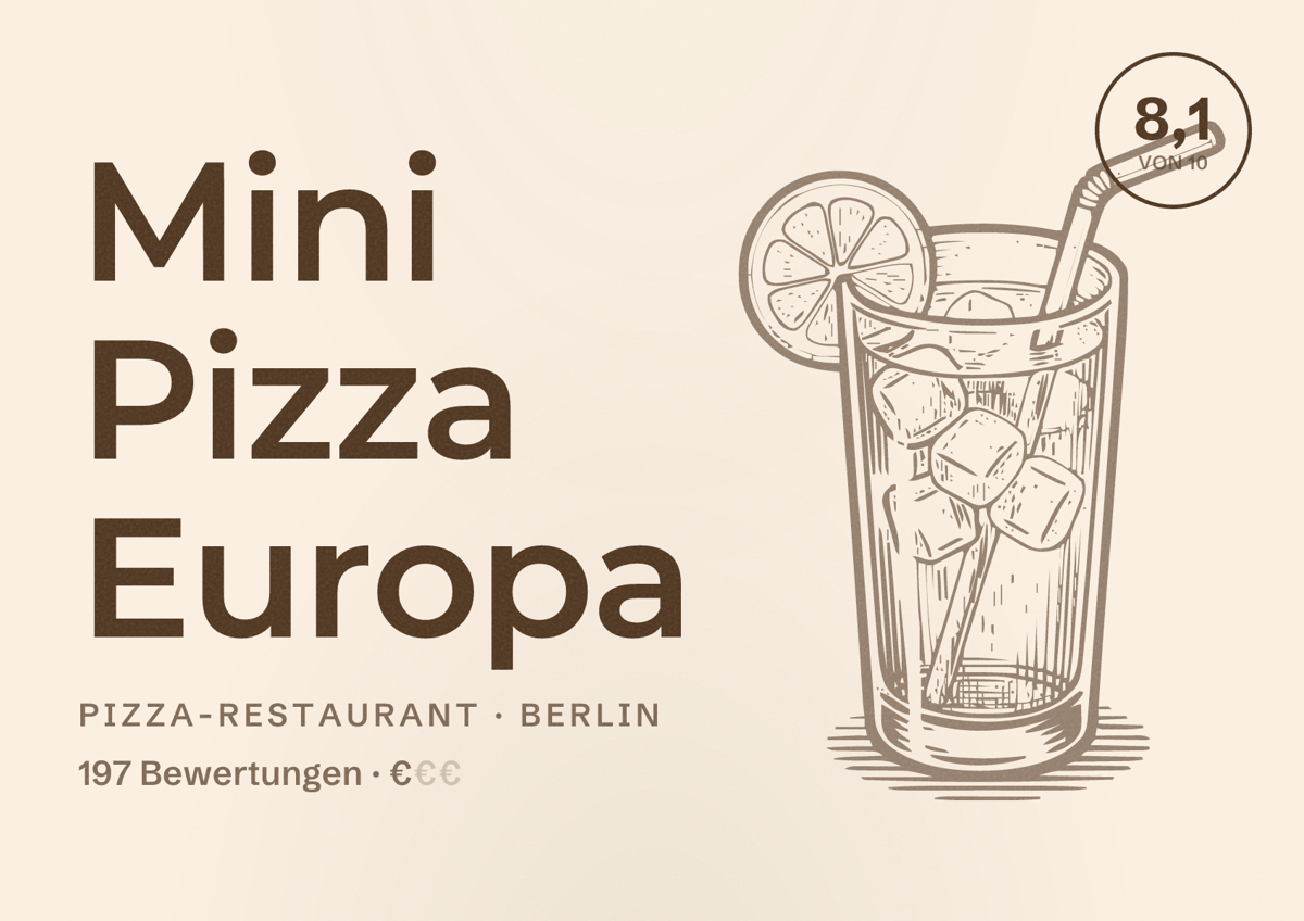 Illustriertes Poster von Mini Pizza Europa, Pizza-Restaurant in Berlin: Bewertung 8,1 von 10 aus 197 Bewertungen, Preisniveau €