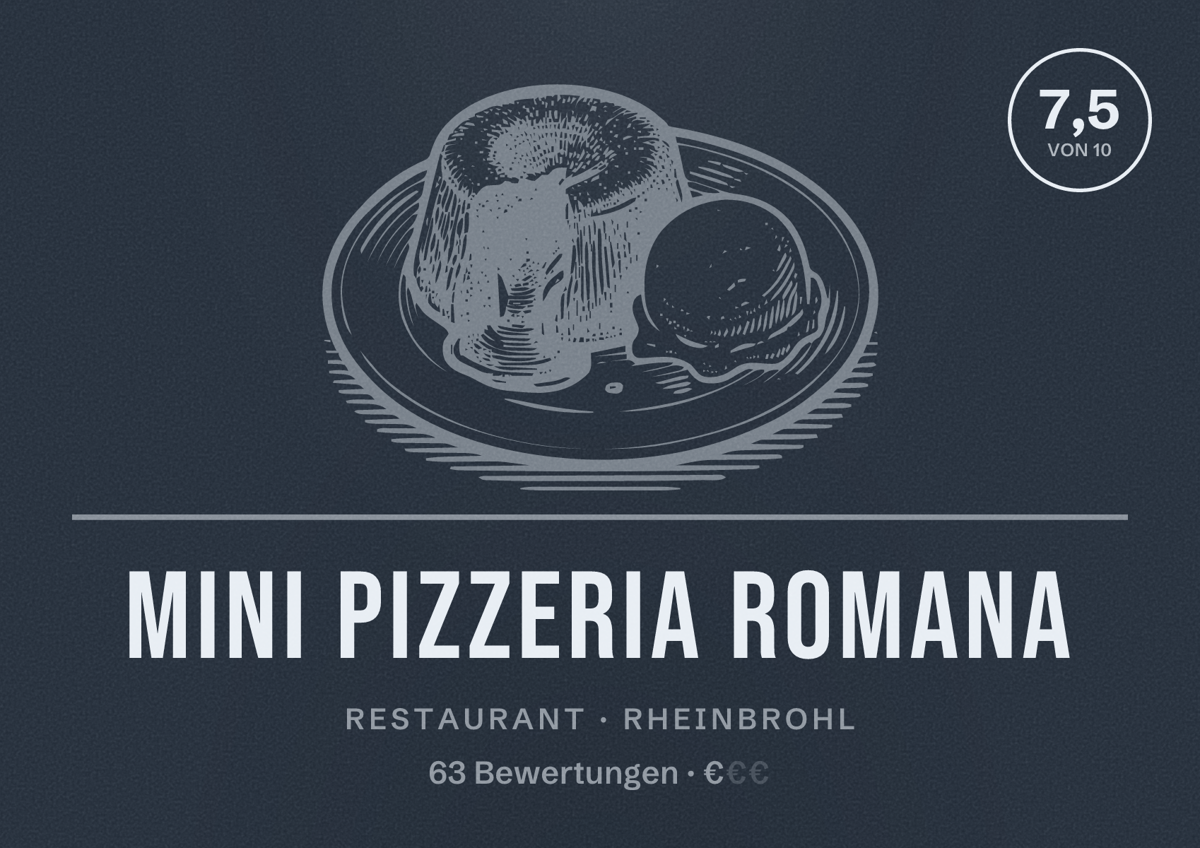 Illustriertes Poster von Mini Pizzeria Romana, Restaurant in Rheinbrohl: Bewertung 7,5 von 10 aus 63 Bewertungen, Preisniveau €