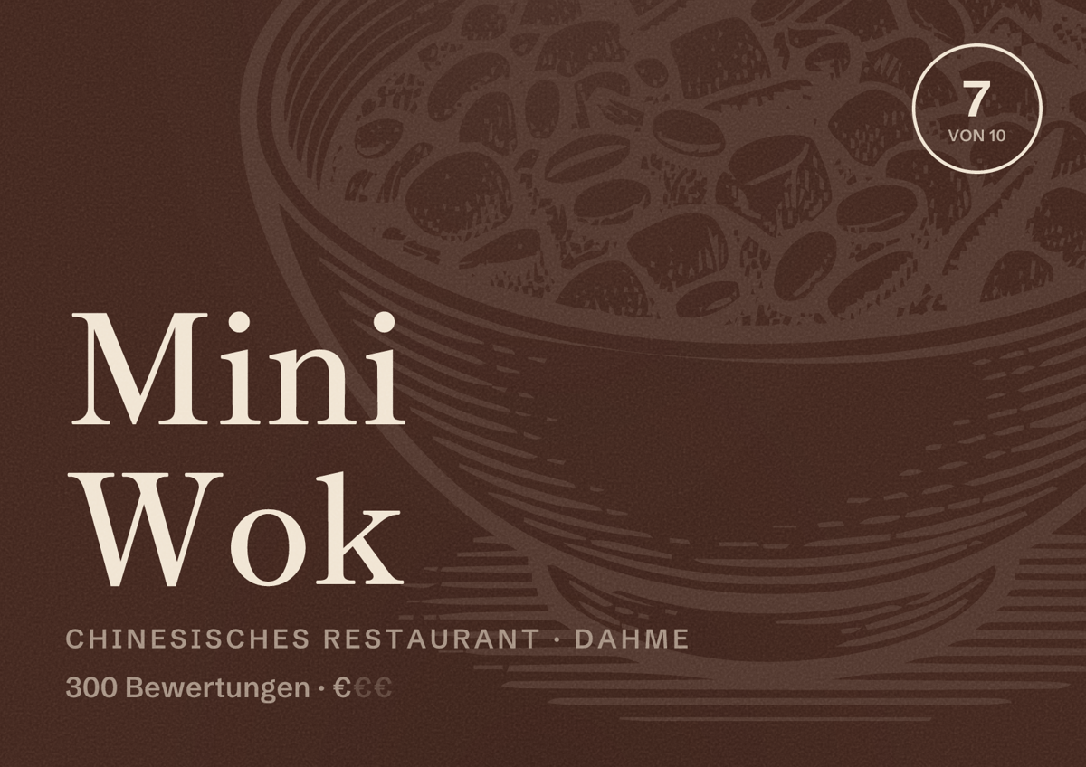 Illustriertes Poster von Mini Wok, Chinesisches Restaurant in Dahme: Bewertung 7 von 10 aus 300 Bewertungen, Preisniveau €
