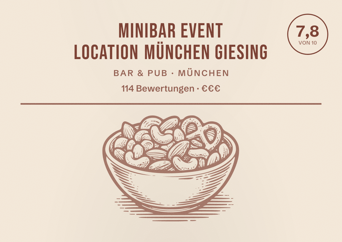 Illustriertes Poster von minibar Event location München Giesing, Bar & Pub in München: Bewertung 7,8 von 10 aus 114 Bewertungen, Preisniveau €€€