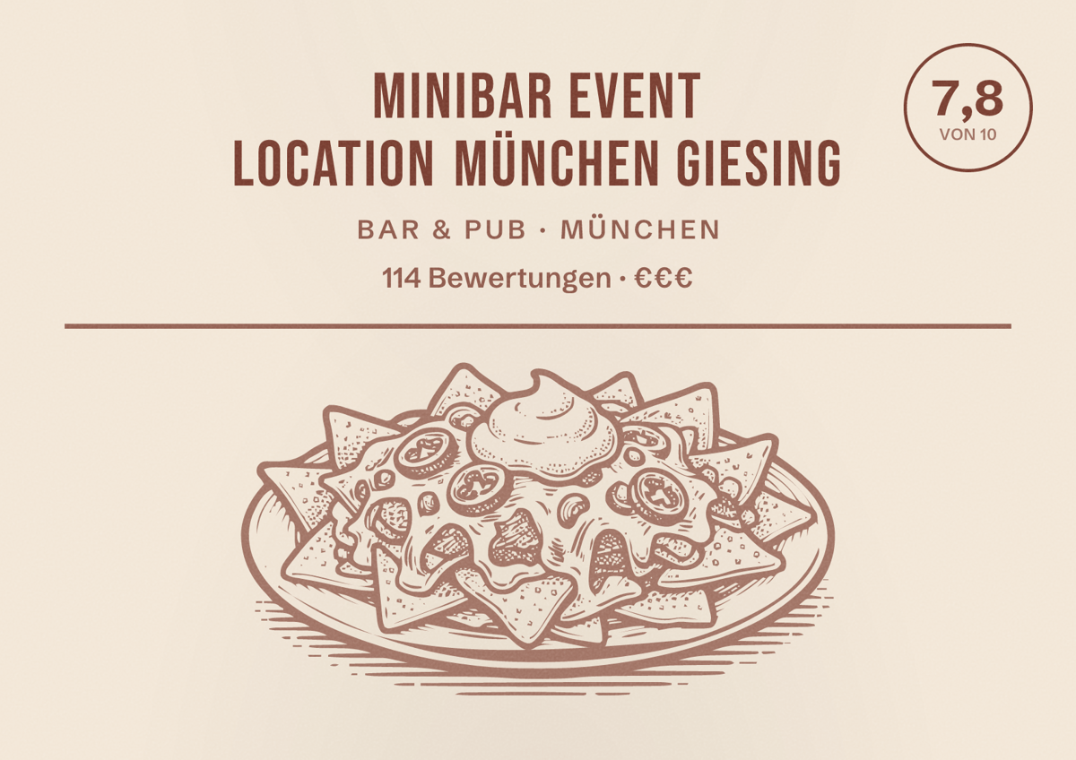 Illustriertes Poster von minibar Event location München Giesing, Bar & Pub in München: Bewertung 7,8 von 10 aus 114 Bewertungen, Preisniveau €€€