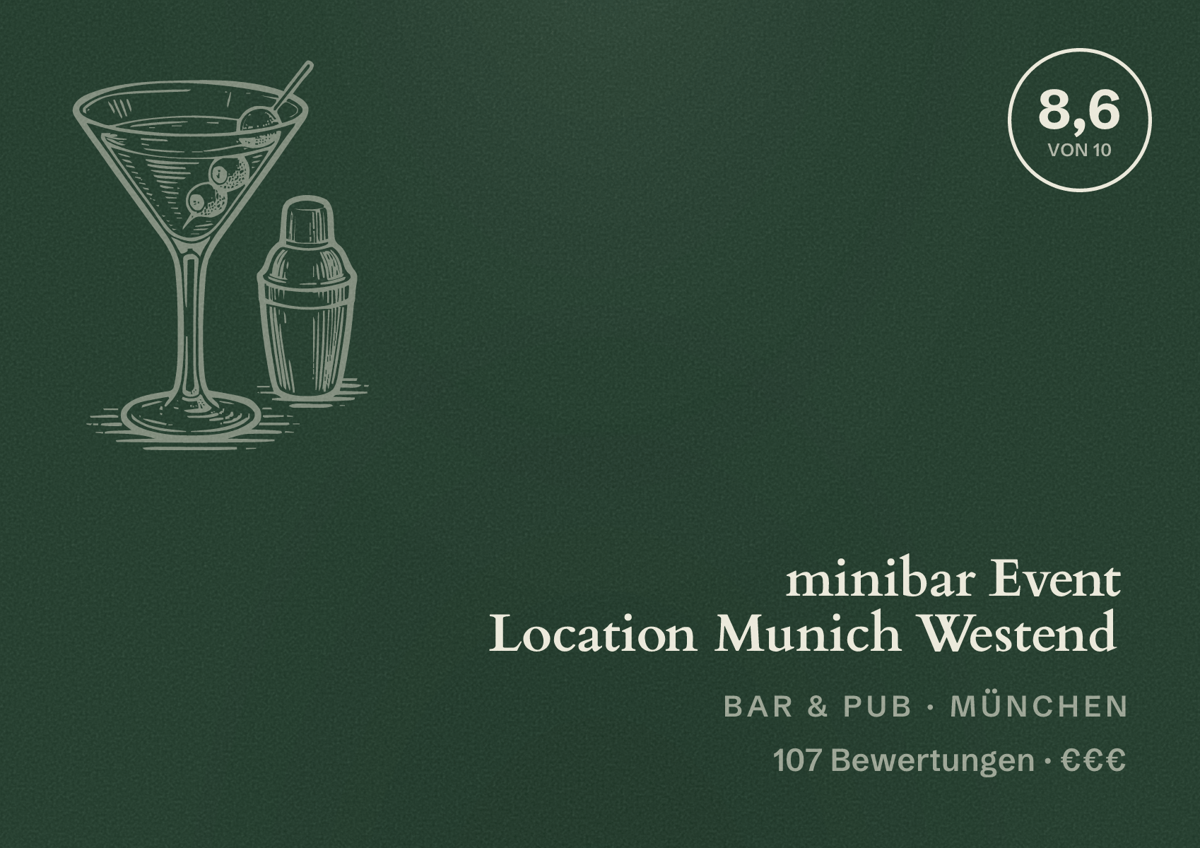 Illustriertes Poster von minibar Event Location Munich Westend, Bar & Pub in München: Bewertung 8,6 von 10 aus 107 Bewertungen, Preisniveau €€€