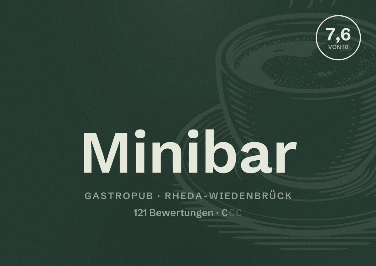 Illustriertes Poster von Minibar, Gastropub in Rheda-Wiedenbrück: Bewertung 7,6 von 10 aus 121 Bewertungen, Preisniveau €