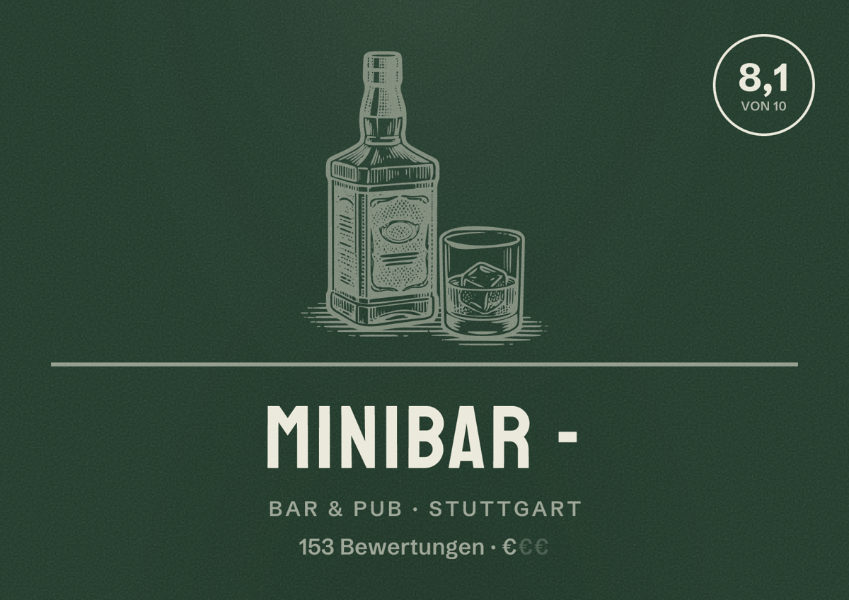 Illustriertes Poster von Minibar -, Bar & Pub in Stuttgart: Bewertung 8,1 von 10 aus 153 Bewertungen, Preisniveau €