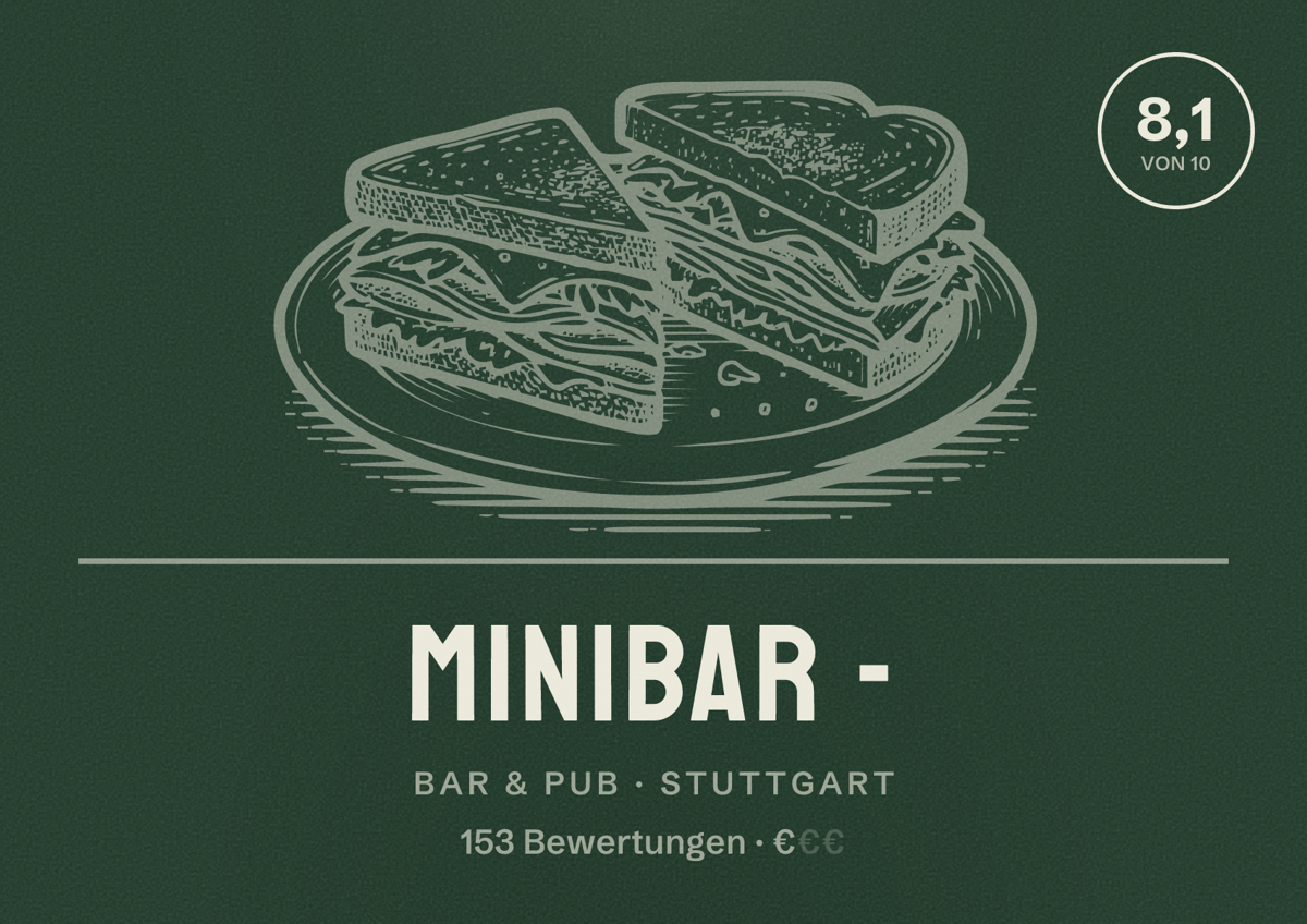 Illustriertes Poster von Minibar -, Bar & Pub in Stuttgart: Bewertung 8,1 von 10 aus 153 Bewertungen, Preisniveau €