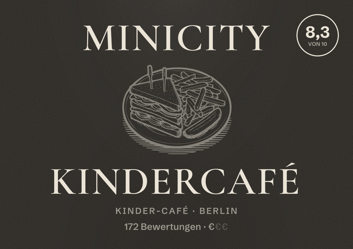 Illustriertes Poster von Minicity Kindercafé, Kinder-Café in Berlin: Bewertung 8,3 von 10 aus 172 Bewertungen, Preisniveau €