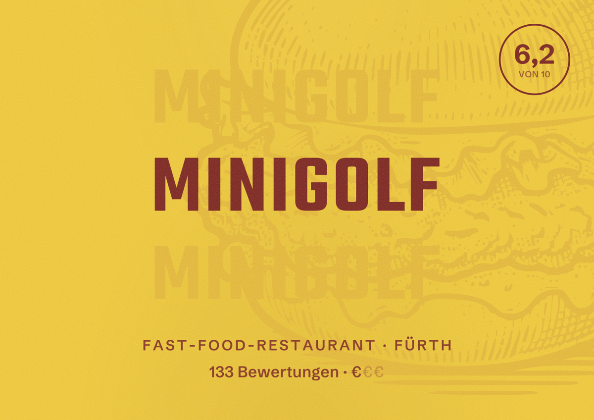 Illustriertes Poster von Minigolf, Fast-Food-Restaurant in Fürth: Bewertung 6,2 von 10 aus 133 Bewertungen, Preisniveau €