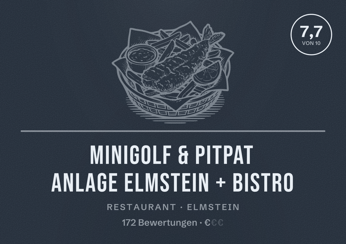 Illustriertes Poster von Minigolf & PitPat Anlage Elmstein + Bistro, Restaurant in Elmstein: Bewertung 7,7 von 10 aus 172 Bewertungen, Preisniveau €