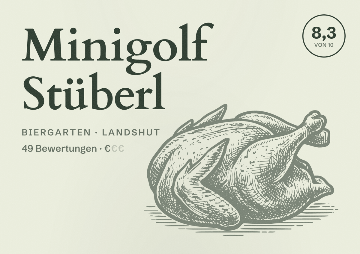 Illustriertes Poster von Minigolf Stüberl, Biergarten in Landshut: Bewertung 8,3 von 10 aus 49 Bewertungen, Preisniveau €