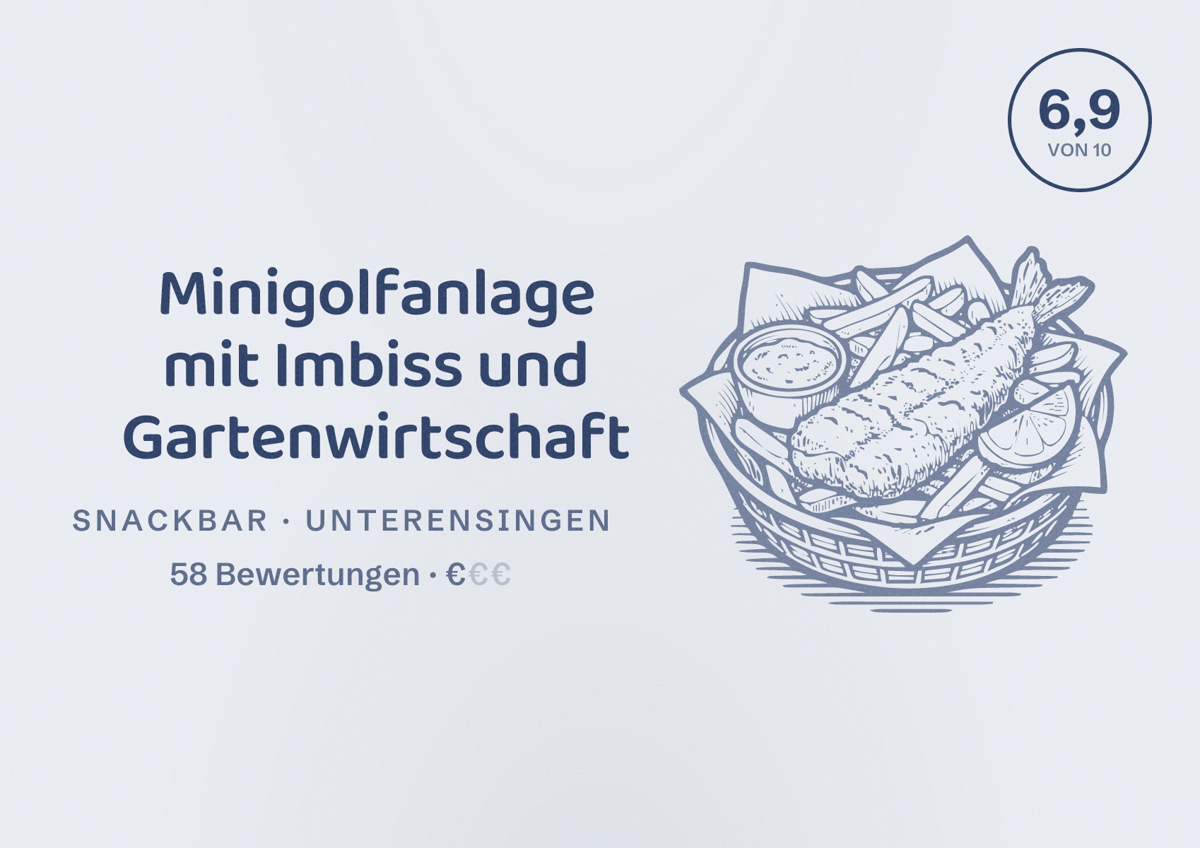 Illustriertes Poster von Minigolfanlage mit Imbiss und Gartenwirtschaft, Snackbar in Unterensingen: Bewertung 6,9 von 10 aus 58 Bewertungen, Preisniveau €