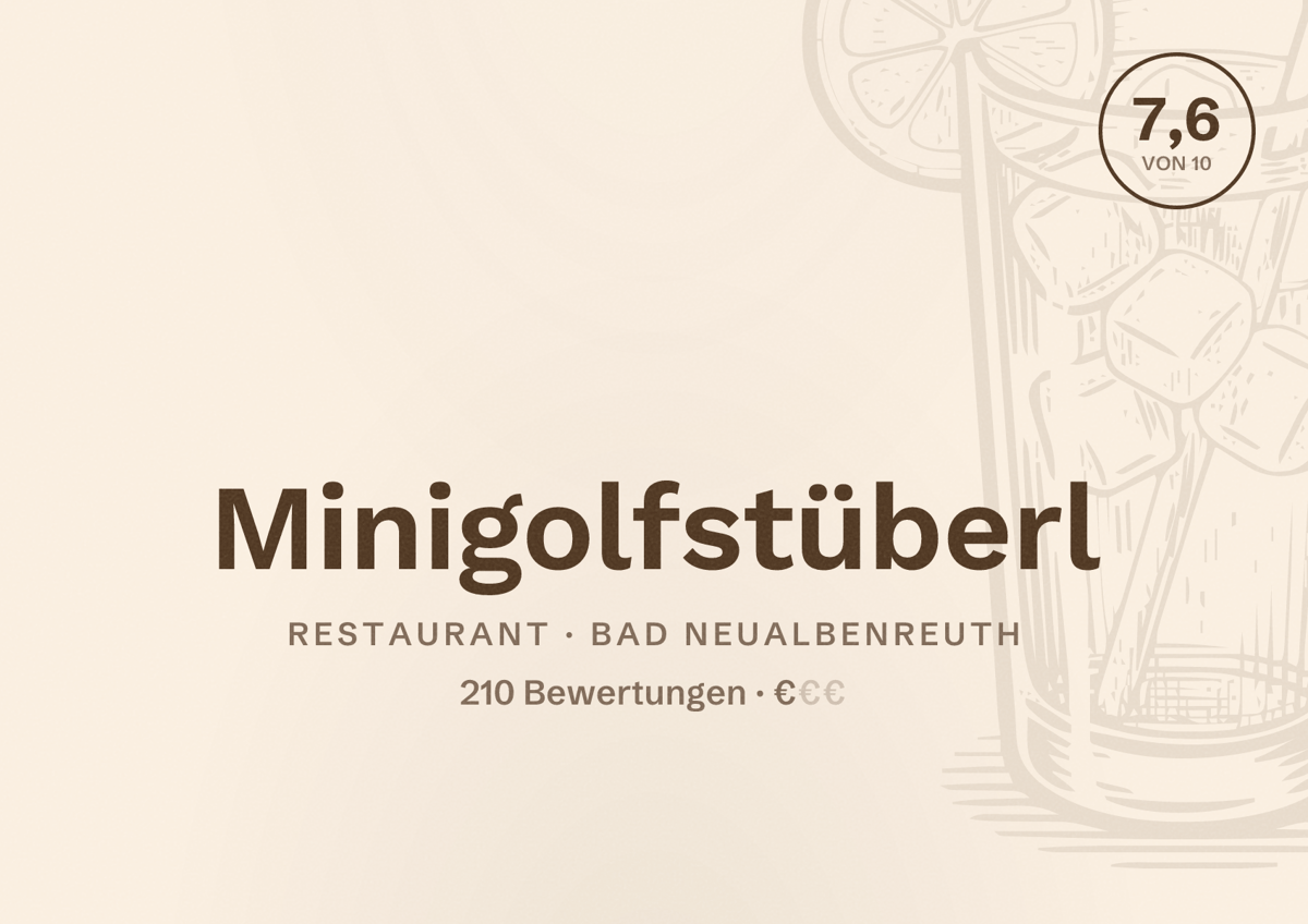 Illustriertes Poster von Minigolfstüberl, Restaurant in Bad Neualbenreuth: Bewertung 7,6 von 10 aus 210 Bewertungen, Preisniveau €