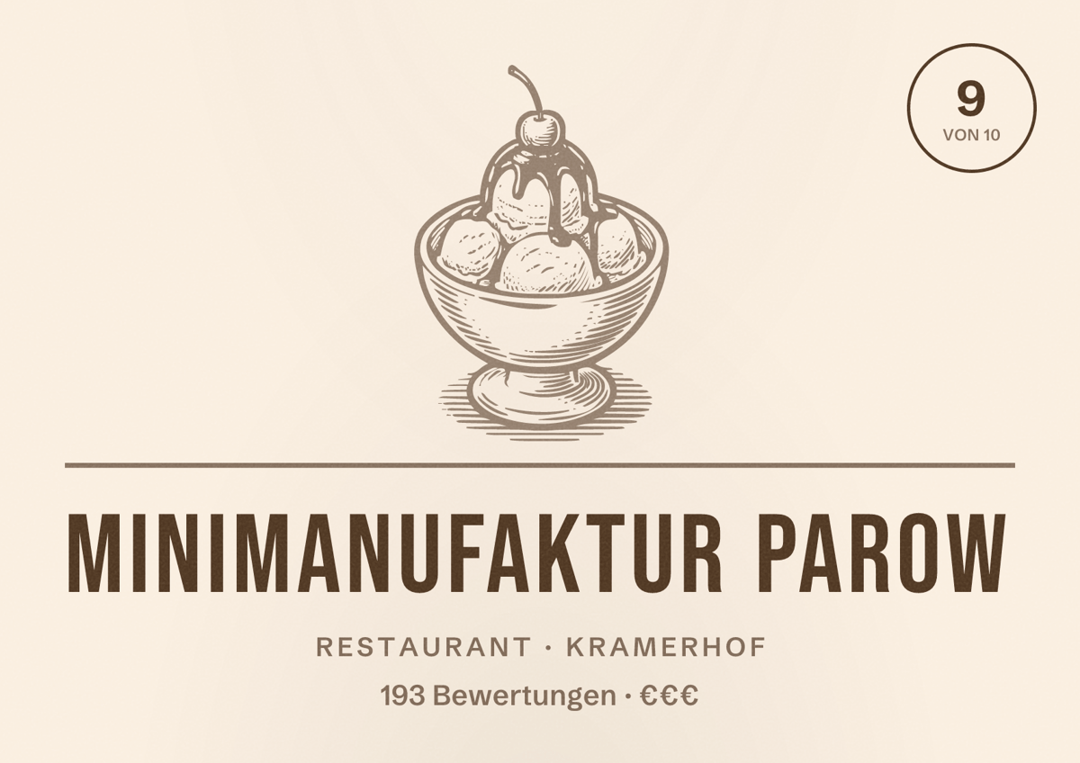 Illustriertes Poster von Minimanufaktur Parow, Restaurant in Kramerhof: Bewertung 9 von 10 aus 193 Bewertungen, Preisniveau €€€