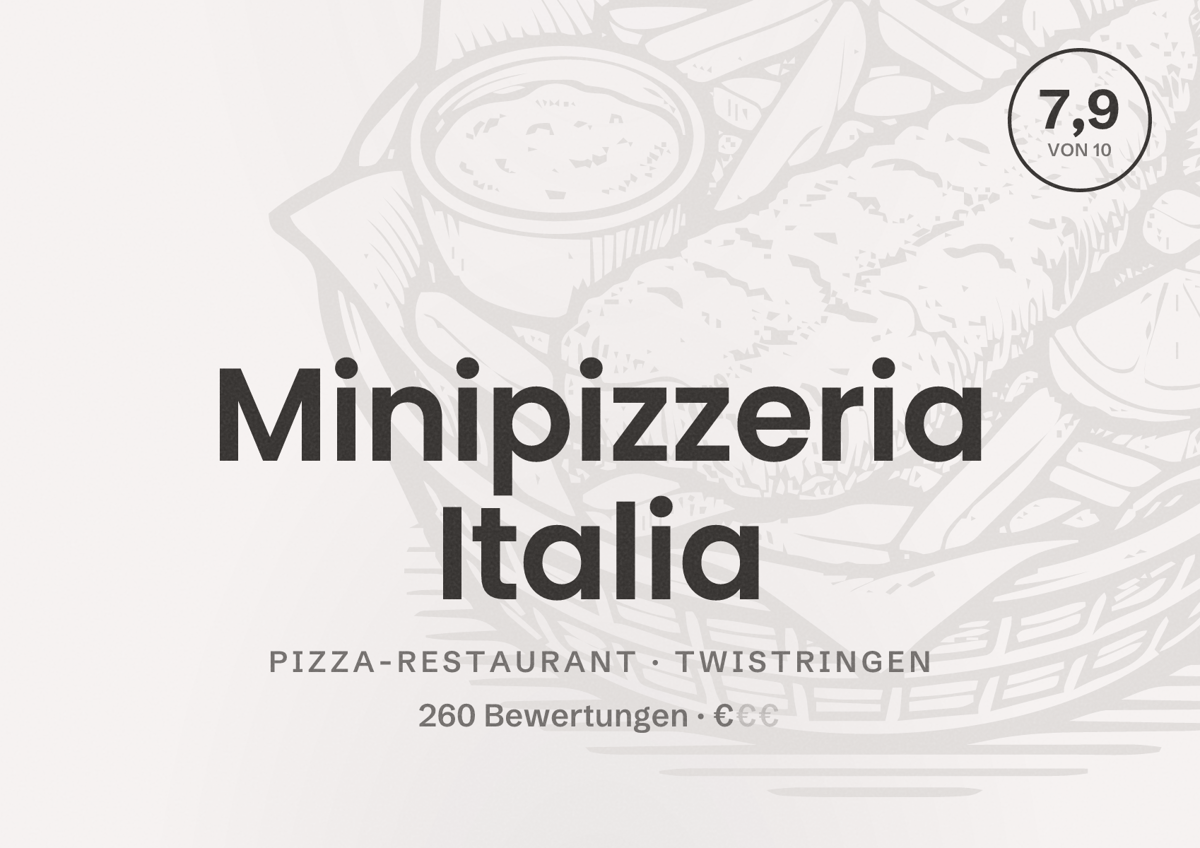 Illustriertes Poster von Minipizzeria Italia, Pizza-Restaurant in Twistringen: Bewertung 7,9 von 10 aus 260 Bewertungen, Preisniveau €