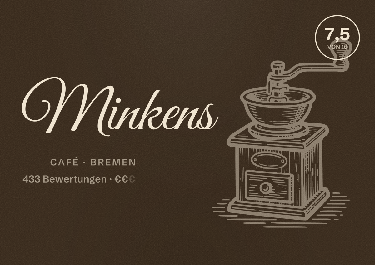 Illustriertes Poster von Minkens, Café in Bremen: Bewertung 7,5 von 10 aus 433 Bewertungen, Preisniveau €€