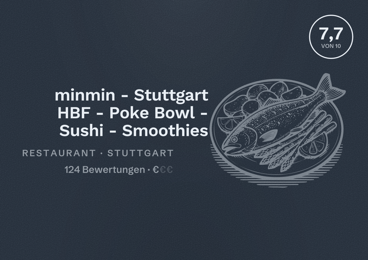 Illustriertes Poster von minmin - Stuttgart HBF - Poke Bowl - Sushi - Smoothies, Restaurant in Stuttgart: Bewertung 7,7 von 10 aus 124 Bewertungen, Preisniveau €