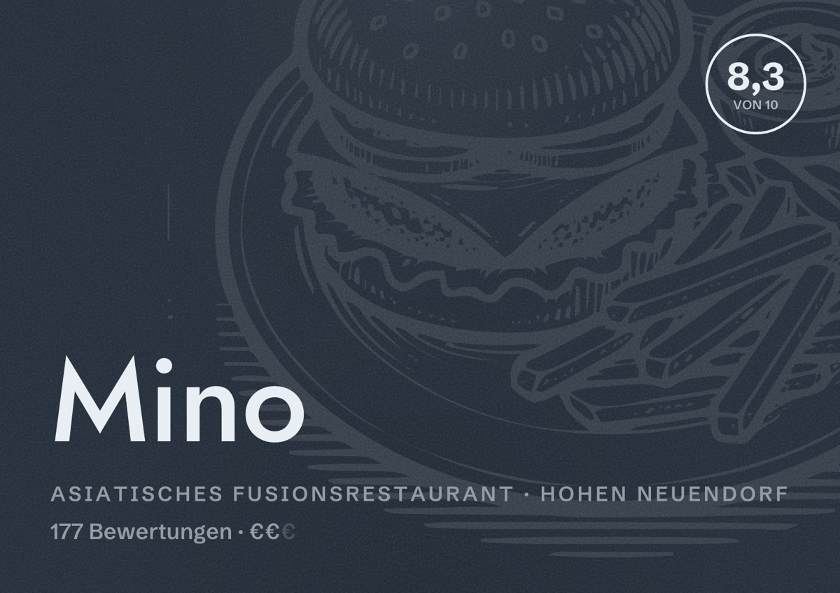 Illustriertes Poster von Mino, Asiatisches Fusionsrestaurant in Hohen Neuendorf: Bewertung 8,3 von 10 aus 177 Bewertungen, Preisniveau €€